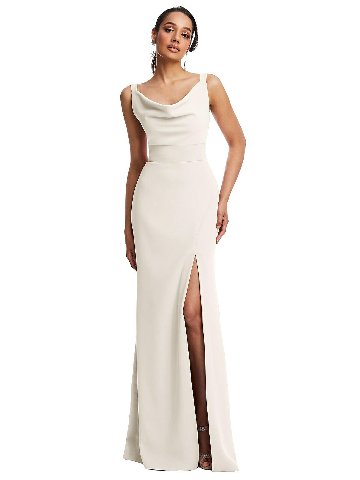 Cowl-Neck Wide Strap Crepe Trumpet Gown with Front Slit in Ivory | The Dessy Group