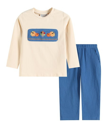 Beige Pumpkin Smocked Long-Sleeve Tee & Blue Pants - Infant, Toddler & Boys | Zulily