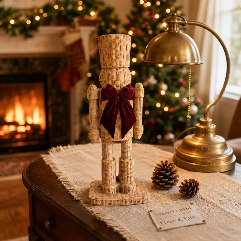 Hand Woven Rattan Nutcracker Figurine With Velvet Bow Minimalist Natural Woven Christmas Farmhous... | Walmart (US)