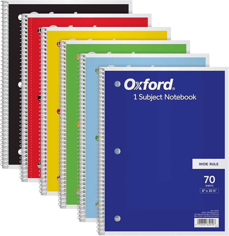 Oxford Spiral Notebook 6 Pack, 1 Subject, Wide Ruled Paper, 8 x 10-1/2 Inch, Blue, Yellow, Red, L... | Amazon (US)