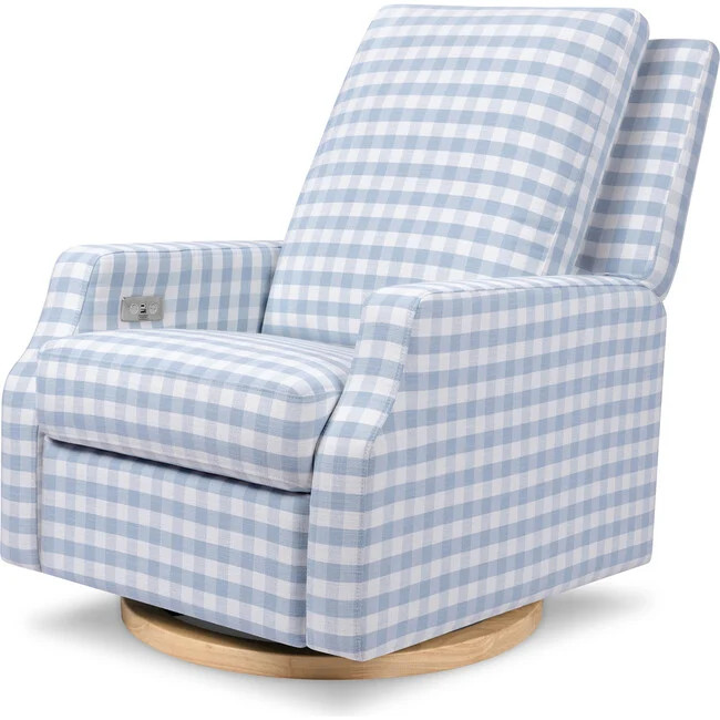 Namesake | Crewe Electronic Recliner & Swivel Glider, Blue Gingham Light Wood | Maisonette | Maisonette