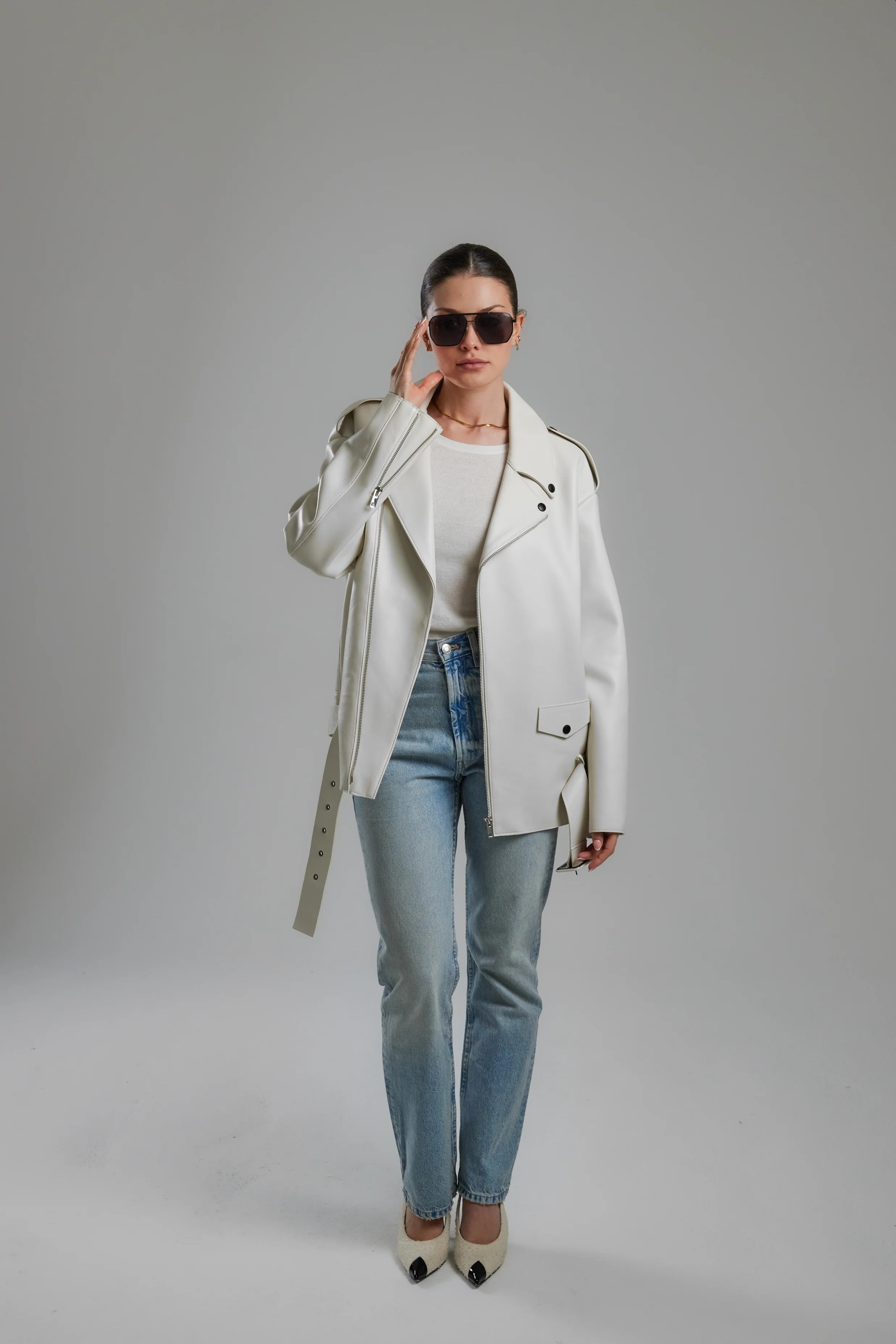 Off White Leather Aviator Jacket | DE SAVARY LONDON