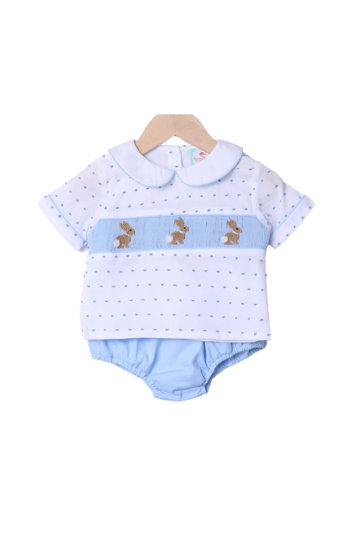 Smocked Swiss Dot Blue Bunny Boy Diaper Set | The Smocked Flamingo