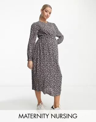 New Look Maternity tiered nursing dress in black floral | ASOS (Global)