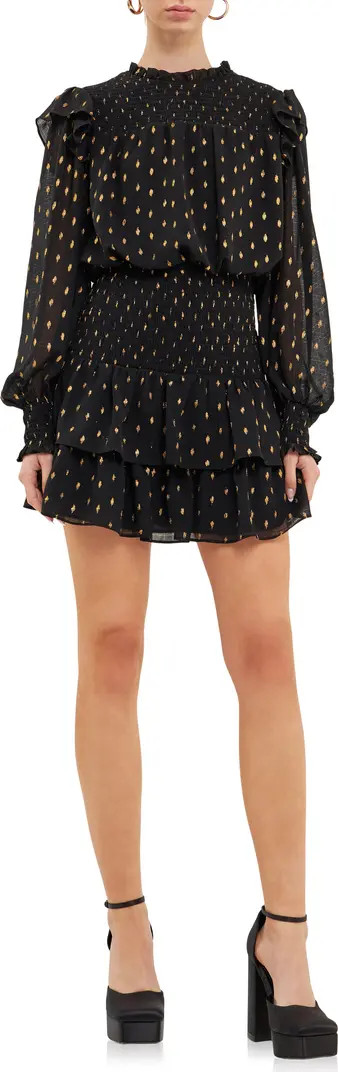 Metallic Dot Shirred Long Sleeve Chiffon Minidress | Nordstrom
