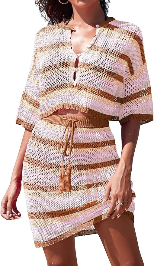 Pink Queen 2 Piece Crochet Swimsuit Cover Ups for Women Hollow Out Knitted Bathing Suit Coverup B... | Amazon (US)