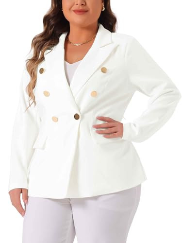 Agnes Orinda Plus Size Blazers for Women Notch Lapel Double Breasted Long Sleeve Office Work Blazer 2X White | Amazon (US)