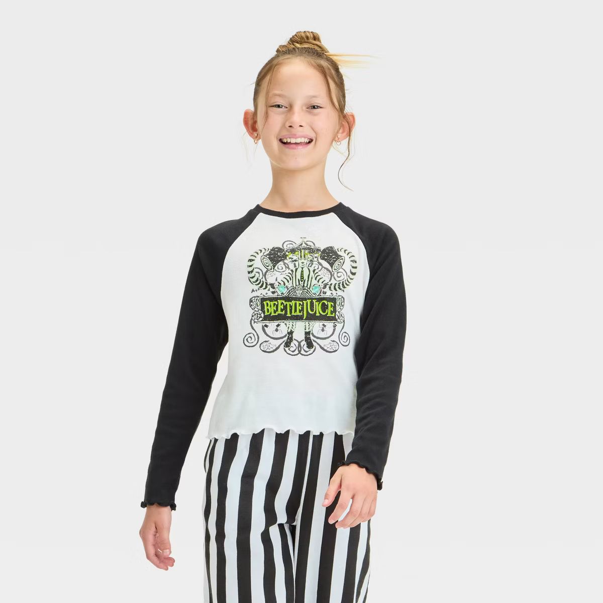 Girls' Beetlejuice Long Sleeve Raglan Graphic T-Shirt - Ivory/Black | Target