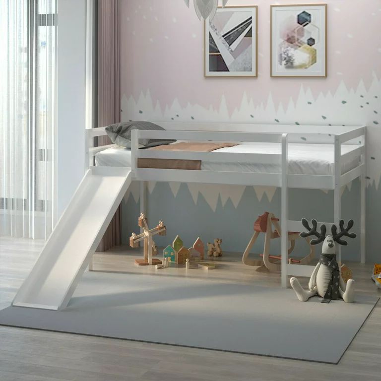 Gymax Twin Size Loft Bed with Slide Wood Low Sturdy Loft Bed for Kids Bedroom White | Walmart (US)