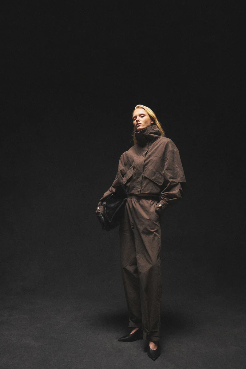FUNNEL NECK SHELL JACKET - BROWN | The Couture Club