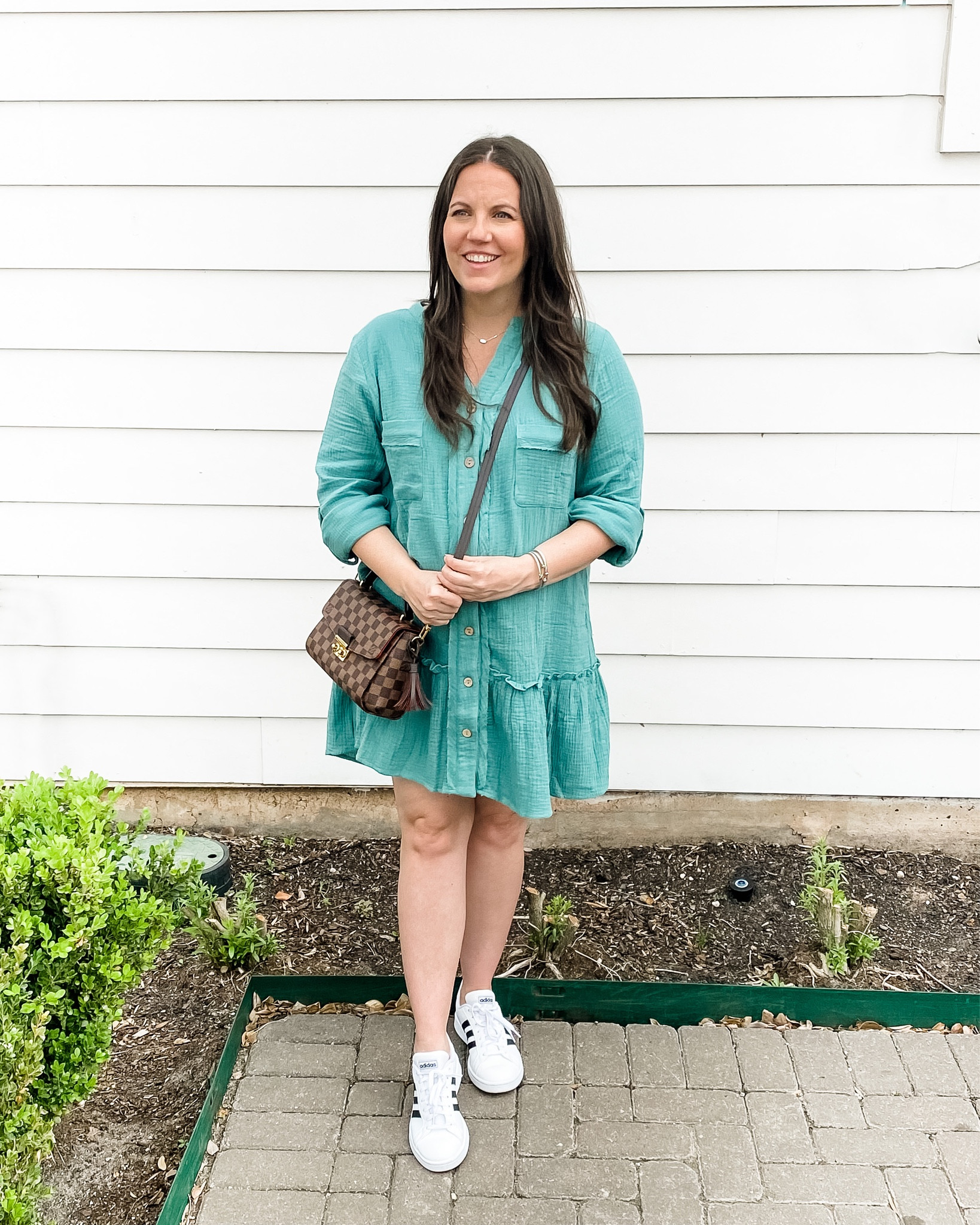 Maternity outfit / teal dress / pregnancy outfit / white sneakers / spring outfits / silver necklace 

#LTKsalealert #LTKSeasonal #LTKbump
