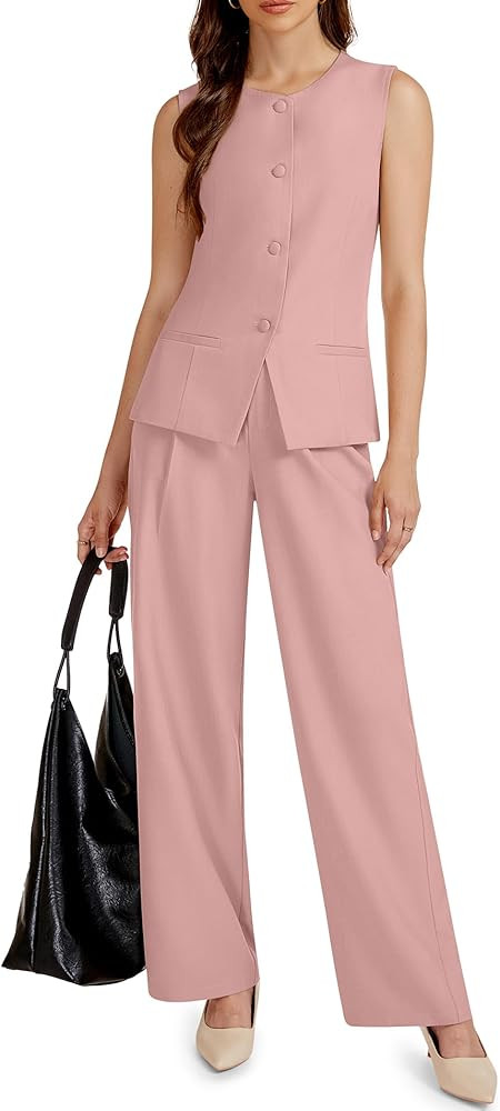 Women's 2 Piece Blazer Outfits Sleeveless Crewneck Vest Wide Leg Pantsuit 2025 Dressy Casual Work... | Amazon (US)