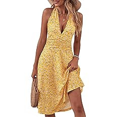 HUHOT Women's Summer Sundress Sleeveless Halter Neck Spring Boho Floral with Pocket Elastic Waist... | Amazon (US)