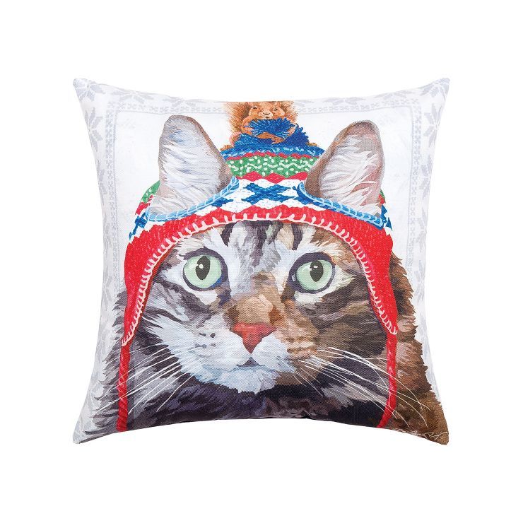 C&F Home 18" x 18" Winter Hat Cat Indoor/Outdoor Christmas Holiday Throw Pillow | Target