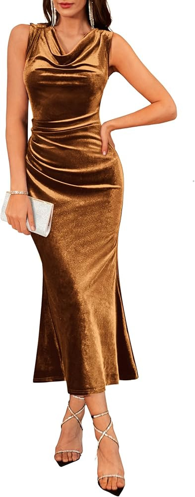 GRACE KARIN 2025 Velvet Wedding Guest Dresses for Women, Fall Formal Cocktail Maxi Dress, Cowl Ne... | Amazon (US)