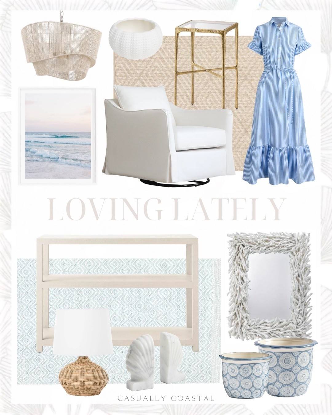 Loving Lately

Coastal home decor, coastal style, coastal rug, coastal dress, coastal mirror, coastal lighting, coastal wall art, coastal wall decor, coastal lamp, Etsy wall art, pastel sunset ocean print, Serena & lily shelf, low shelf, glass accent table, coastal accent table, ebbtide rug, blue rug, Serena & lily rug, 5x7 rug, wayfair home decor, wayfair mirror, rattan mirror, slipcover swivel armchair, medallion cache pots, rattan drum chandelier, coastal chandelier, wayfair rug, neutral rug, geometric rug, striped ruffle sleeve shirt dress, marble shell bookends, large porcelain dish, wicker rattan table lamp 

#LTKHome #LTKSaleAlert
