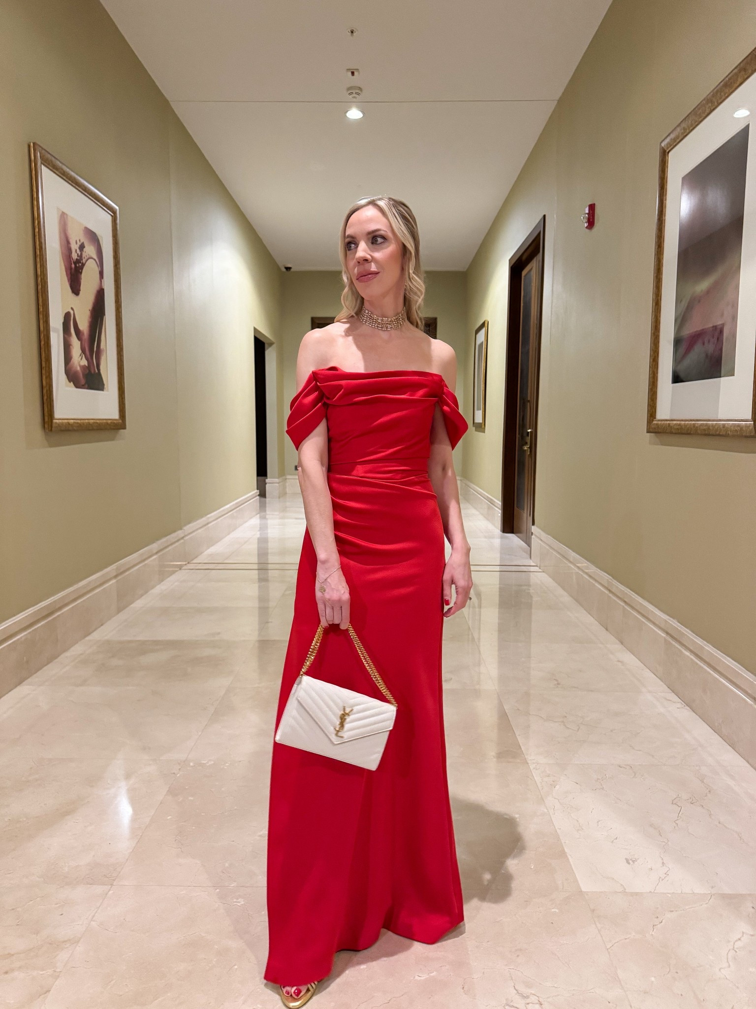 Red off the shoulder formal gown, holiday party, evening wear, gold choker necklace, YSL clutch bag, winter wedding guest dresss

#LTKParties #LTKHoliday #LTKWedding