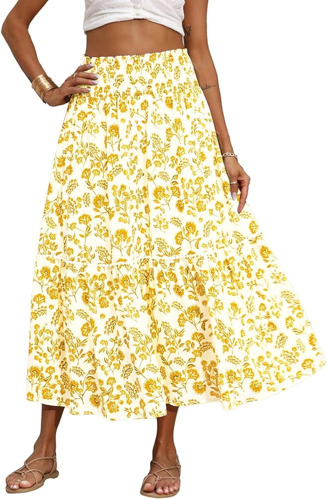 BTFBM Women 2023 Spring Summer Floral Long Skirts Casual Elastic High Waist Pleated Swing A Line ... | Amazon (US)