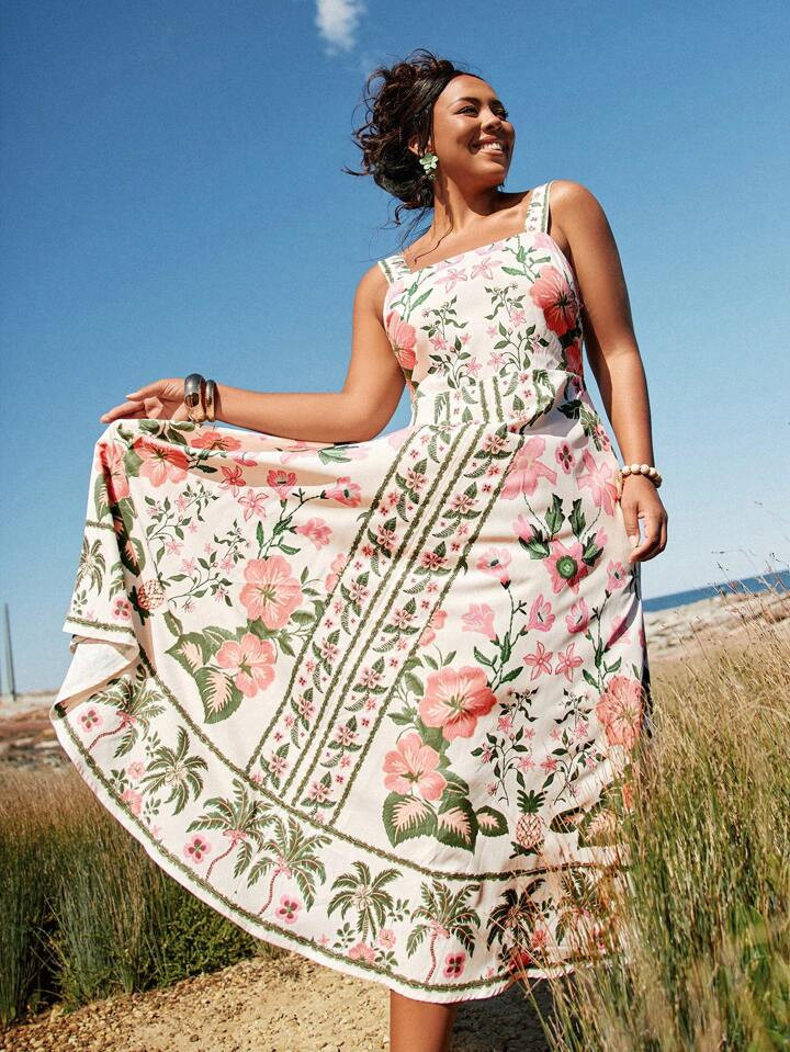 Travachic Plus Size Women Summer Floral & Tropical Palm Print Dress, Casual Vacation Beach Outfit,Beach Dress Sundress,Holiday Outfits Boho | SHEIN