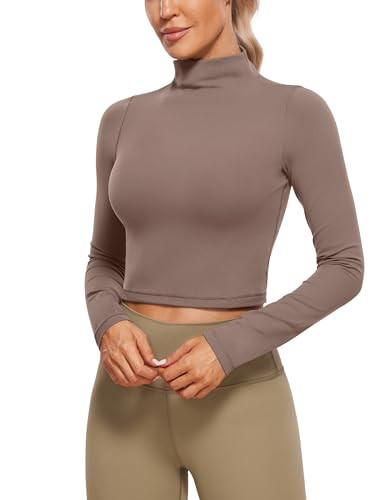 CRZ YOGA Womens Butterluxe Mock Turtleneck Long Sleeves Crop Tops Slim Fit Workout Casual T-Shirt Base Layer Fall Shirts Brown Purple X-Small | Amazon (US)
