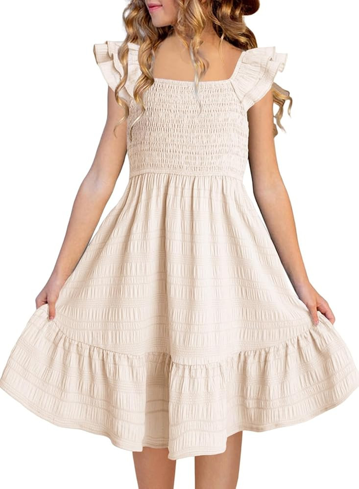 Girls Summer Dresses Cute Double Layer Ruffle Sleeve Smocked Flowy Dress 6-15 Years | Amazon (US)
