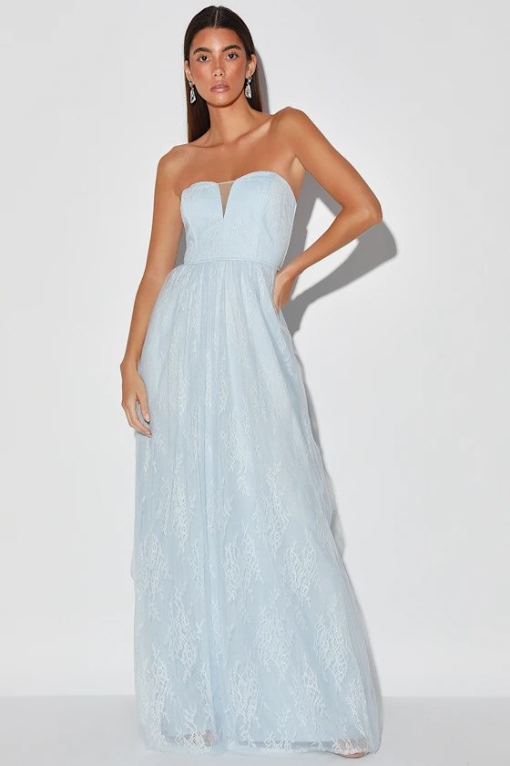 Sweet Admiration Baby Blue Lace Tulle Strapless Maxi Dress | Lulus