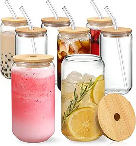 NETANY [ 8pcs Set ] Drinking Glasses with Bamboo Lids and Glass Straw - 16oz Glass Cups, Beer Gla... | Amazon (US)