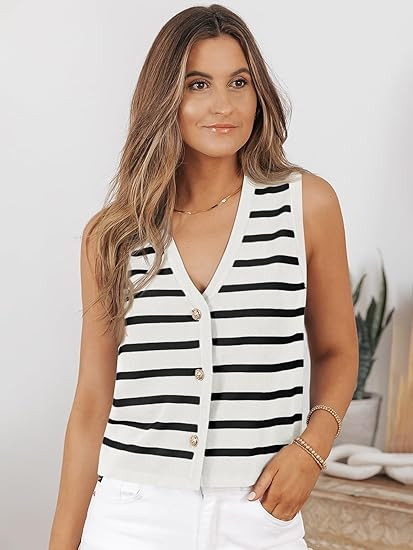 LILLUSORY Summer Vest Tops for Women 2025 Striped Sweater Vests Vacation Button Up Outfits Spring... | Amazon (US)