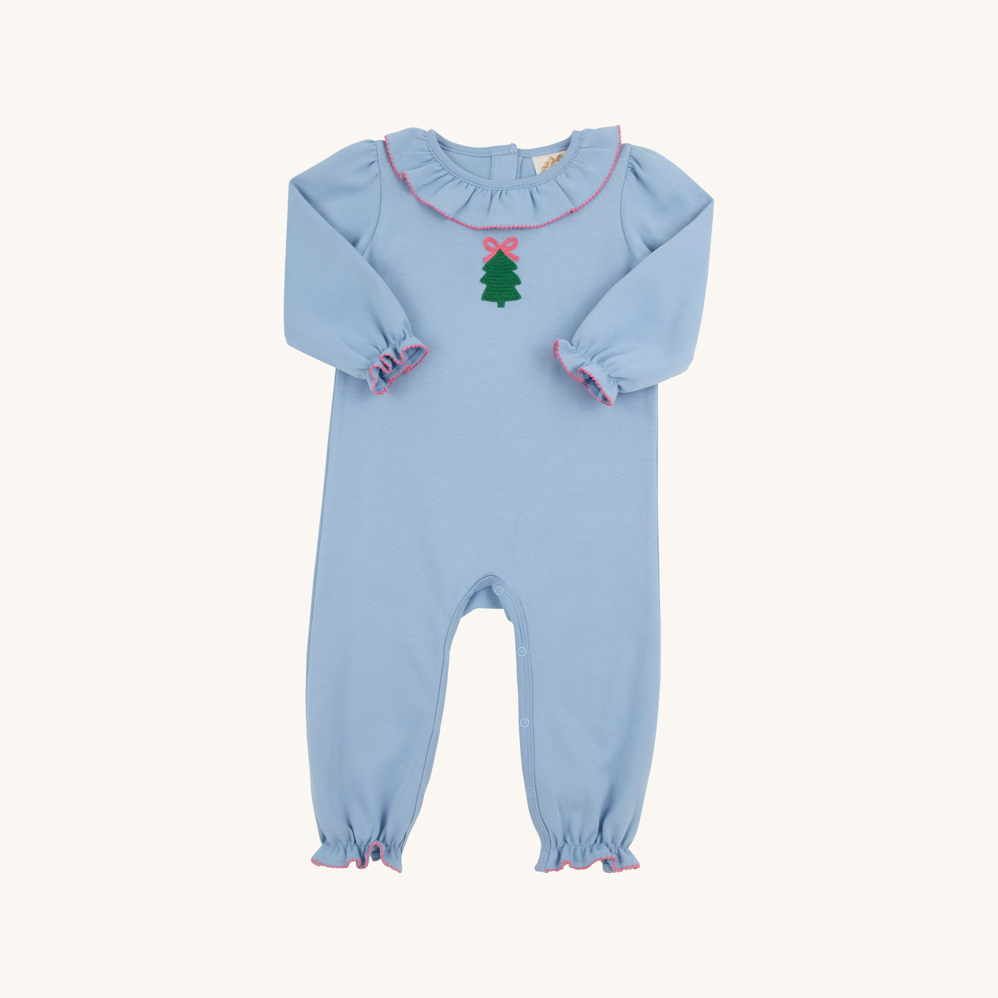 Long Sleeve Ramona Ruffle Romper - Barrington Blue with Christmas Tree | The Beaufort Bonnet Company