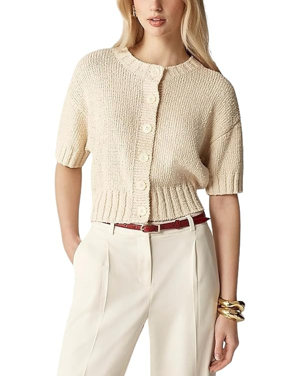 Womens 2025 Lightweight Cardigan Short Sleeve Knit Button Down Cropped Pullover Ribbled Sweater | Amazon (US)