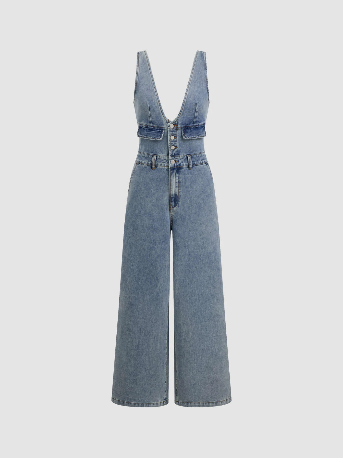 denim Denim Cider Denim V-neck Button Pocket Wide Leg Jumpsuit For Daily Casual | Cider