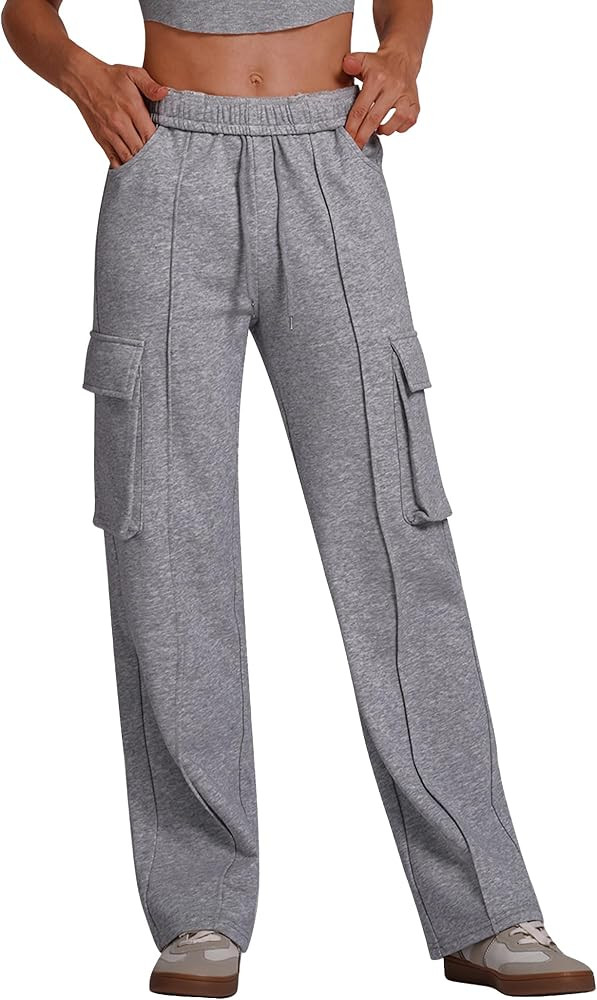 ABOCIW Women's Fleece Lined Wide Leg Sweatpants Elastic High Waisted Baggy Athletic Joggers Pants... | Amazon (US)