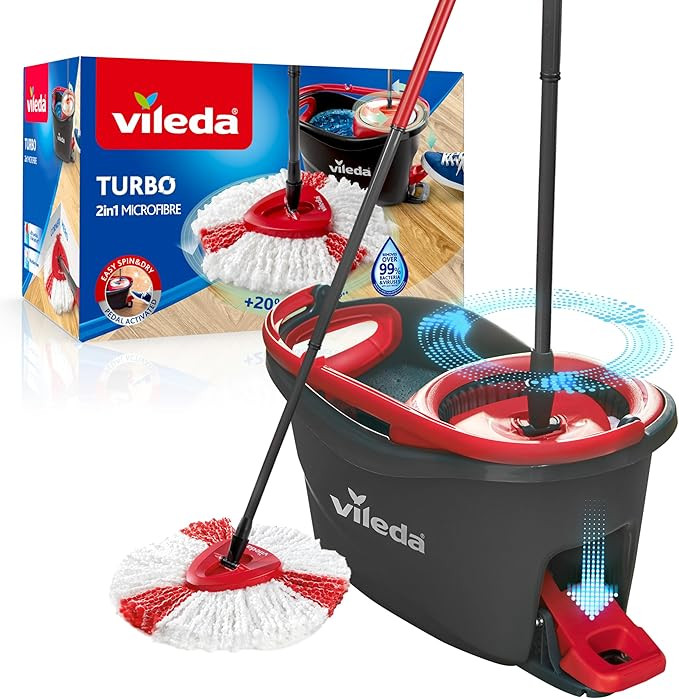 Vileda Turbo Microfibre Mop And Bucket Set, Spin Mop For Cleaning Floors, Set Of 1x Mop And 1x Bu... | Amazon (UK)