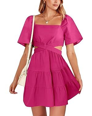 ANRABESS Women Summer Square Neck Short Sleeve Cutout Crossover Waist Casual Party Tiered A-Line ... | Amazon (US)