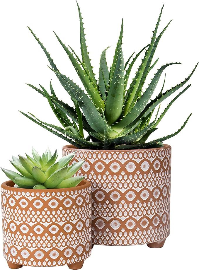Set of 2 Plant Pots, 4 Inch & 6 Inch, Terracotta Planter Pot with Drainage Hole, Design Flower Po... | Amazon (US)