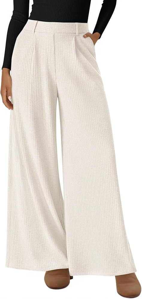BTFBM Wide Leg Pants for Women Dressy Work Business Casual Elastic High Waisted Trousers Ribbed L... | Amazon (US)