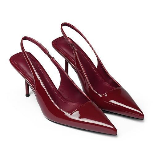 iiimmu Women's Faux Patent Stiletto Heels 3.5" Closed Pointed Toe Slingbacks for Date Night Party and Formal Outfits, Red, Size 8 | Amazon (US)