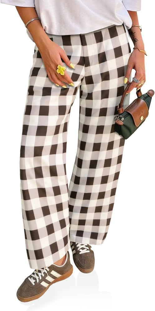Cicy Bell Womens Wide Leg Pants High Wiasted Casual Baggy Palazzo Elastic Plaid Pants Trousers | Amazon (US)