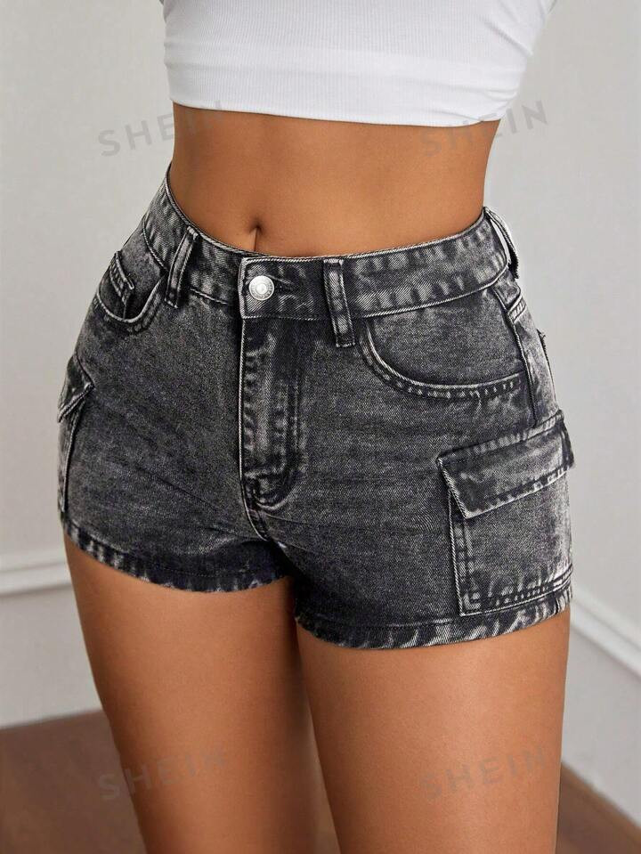 SHEIN ICON Women's Casual Mid-Waist Washed Denim Shorts | SHEIN