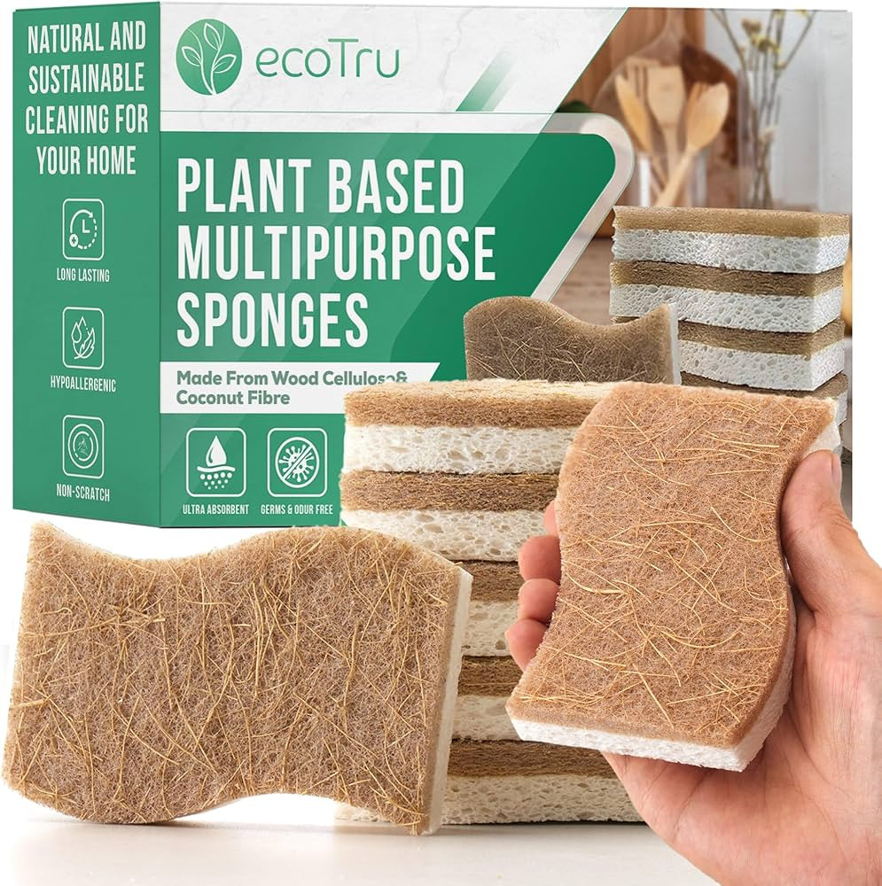 6 Pack Natural Kitchen Sponges, Compostable White Cellulose & Organic Coconut Scrubber Sponge for... | Amazon (US)