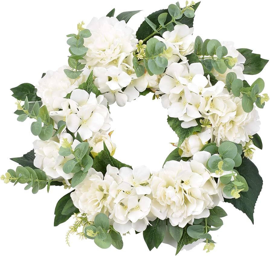 I-GURU Hydrangeas Spring Wreath for Front Door, 16-18 Inch Summer Green Door Wreath with White Pe... | Amazon (US)