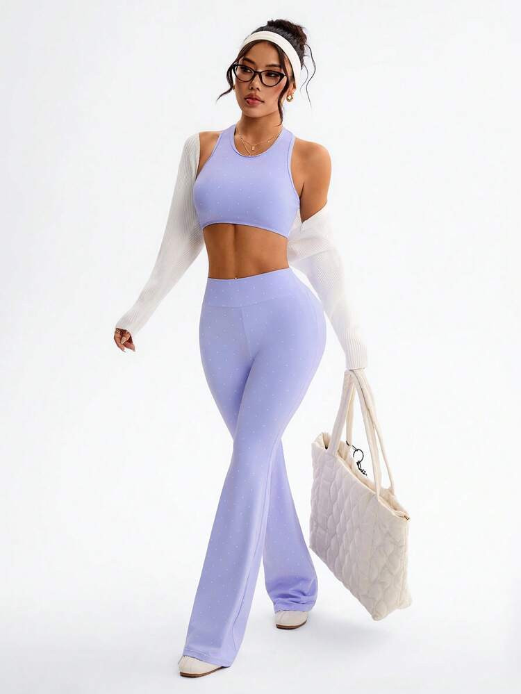 Sovereign Charm Women's Polka Dot Print Cropped Tank Top And Flare Pants Sports Suit,Gym Set | SHEIN