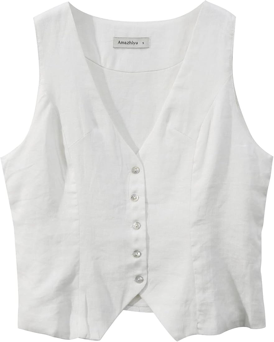 Amazhiyu Womens Pure Linen Sleeveless Button Down V Neck Crop Top Summer Vest Waistcoat | Amazon (US)