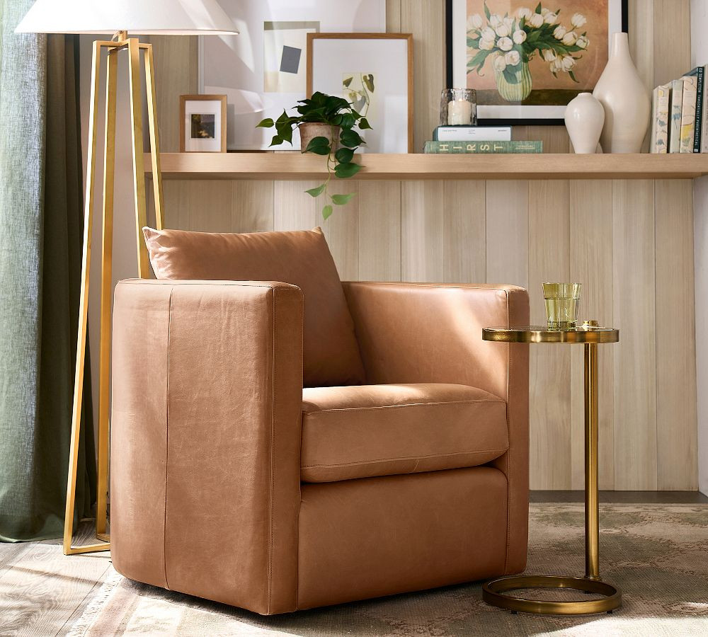 Ayden Barrel Arm Leather Swivel Chair | Pottery Barn (US)