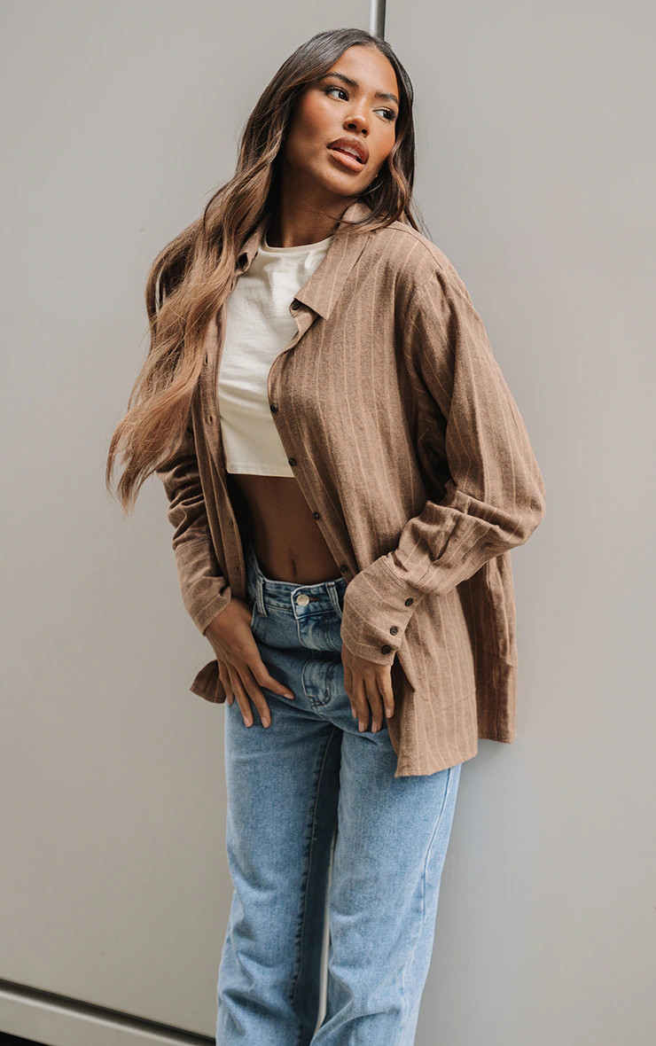 Brown Lightweight Thin Stripe Oversized Shirt | PrettyLittleThing UK
