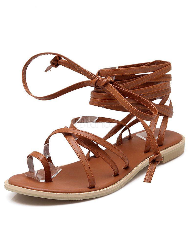 Brown Gladiator Sandals Straps PU Flats for Women | Milanoo