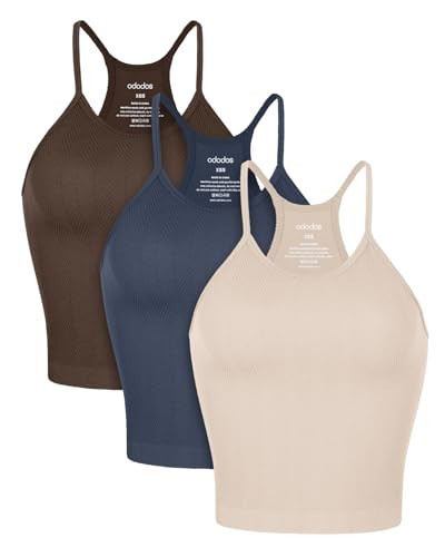 ODODOS Women's Tank 3-Pack Herringbone Knit Seamless Soft Camisole Tank Tops, Waist Length, Brunette+Navy+Beige, X-Small/Small | Amazon (US)
