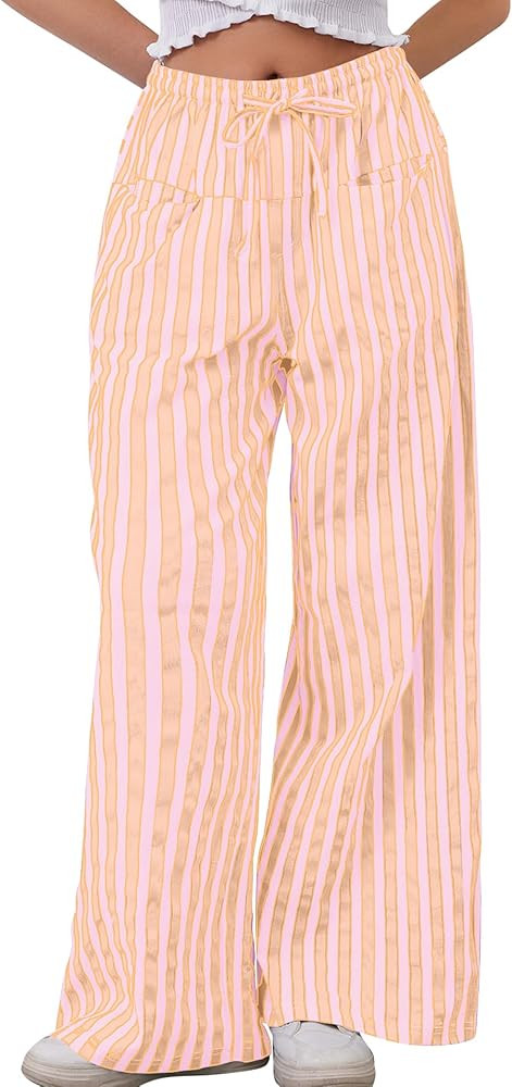 MISSACTIVER Women Drawstring Striped Pants Loose Wide Leg Trousers Casual Low Waist Pants Comfy L... | Amazon (US)