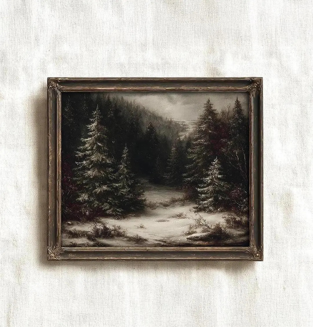 Moody Christmas Tree Forest Art Print, Snowy Holiday Landscape Decor, Rustic Vintage Winter Print... | Etsy (US)