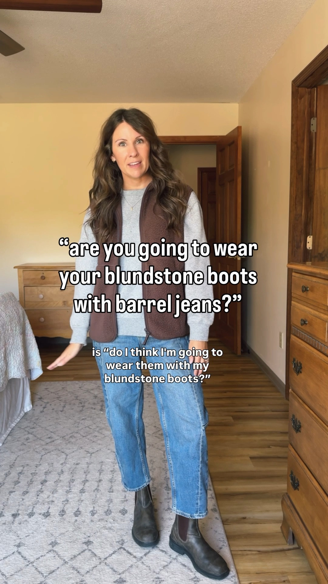 3 barrel jean outfits with boots:

Outfit 1: Wearing small in my grey crewneck (so soft and fleece lined!), xs in my brown sherpa vest, and 0 petite in my barrel jeans. My blundstone boots fit true to size and are size 6 in rustic brown (I use mink oil to treat them, so they’re darker).
My hat is from last year so I also linked similar (hoping they’ll bring it back this year because it’s my favorite and I own it in 3 colors!)

Outfit 2: Size small in my sweater and 0 petite in my barrel jeans. I sized up a 1/2 size to 6.5 in my boos and they fit well. The color is crazy horse/saddle brown and the style is 562. I also linked some similar boots. 

Outfit 3: Wearing size small in my black cotton sweater, 0 petite in my barrel jeans, and 6.5 in my boots (I sized up a 1/2 size). They’re a great affordable leather boot!

#LTKShoeCrush #LTKSeasonal #LTKPetite